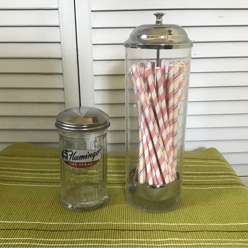Glass Tropicana Sugar Dispenser + Plastic & Metal Straw Holder w/ Paper Straws